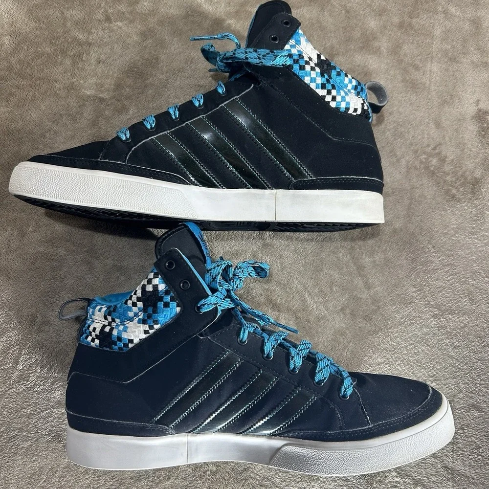 Adidas Originals Black Blue Woven Checkerboard High Top Sneakers Mens Size 10